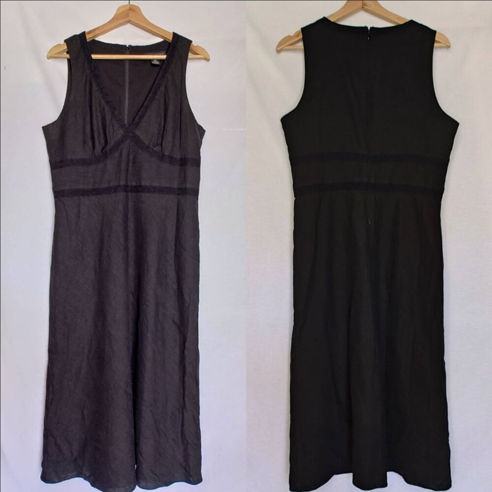 Banana Republic Black Linen A-Line Midi Dress Sleeveless V Neck 2003 Y2K Size 14